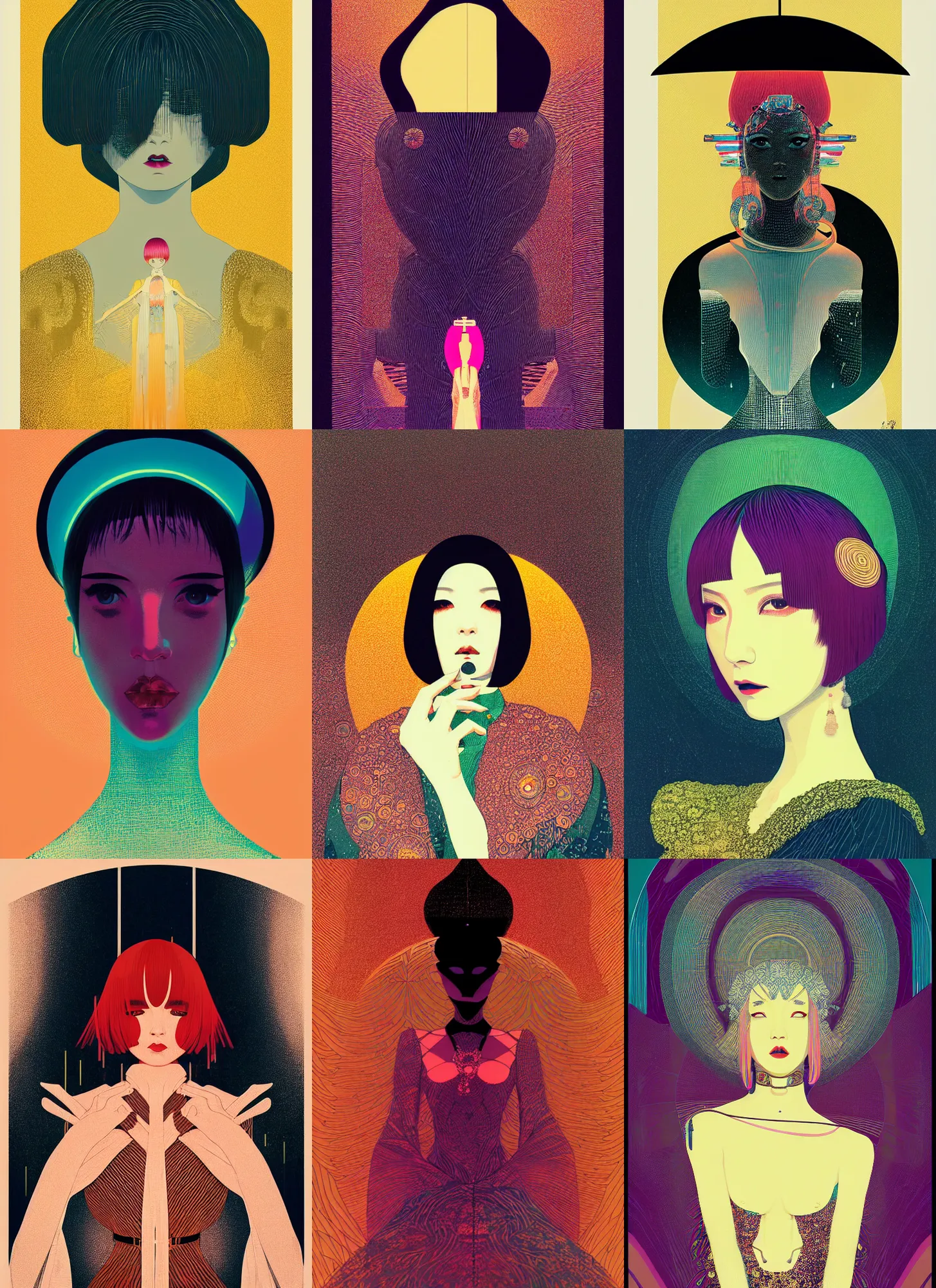 Prompt: ( ( dither ) ), editorial illustration portrait of seductive priestess like reol, modern art deco, colorful, ( ( mads berg ) ), christopher balaskas, victo ngai, rich grainy texture, detailed, dynamic composition, wide angle, moebius, matte print, wood block print, gustav klimt