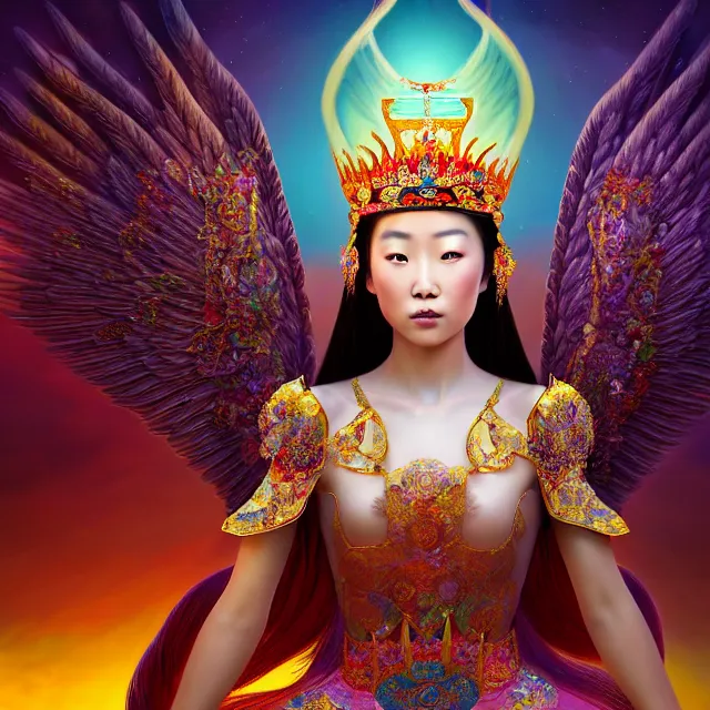 Prompt: beautiful 3 d render of an asian mongolian princess goddess with angelic wings in a sensual pose, princess wearing a crown with gemstones, near lake baikal, atmospheric lighting, painted, intricate, volumetric lighting, beautiful, rich deep colours masterpiece, sharp focus, highly saturated colors, ultra detailed, in the style of dan mumford and marc simonetti, astrophotography