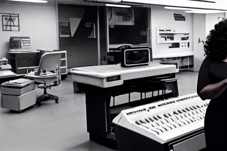 Image similar to cinematic screenshot of octavia spencer in a used electronics store standing in front of an old keyboard, iconic scene from the paranoid sci fi thriller film directed by stanley kubrick, apartment set in the near future, cinematic shot with anamorphic lenses, color theory, apartment design, leading lines, photorealistic, volumetric lighting