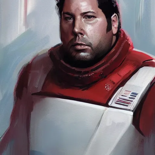 Image similar to portrait of a man by greg rutkowski, he looks like greg grunberg, tall and burly, star wars expanded universe, he is about 3 0 years old, wearing red and white starfighter pilot uniform from the galactic triunvirate.