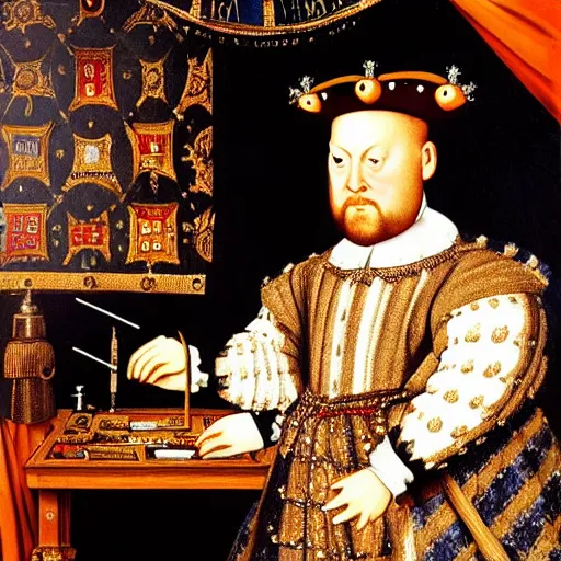 Image similar to king henry viii building a computer pc from scratch with a screwdriver and electronics, funny anachronism, wearing a crown and royal robes, 17th century detailed oil painting