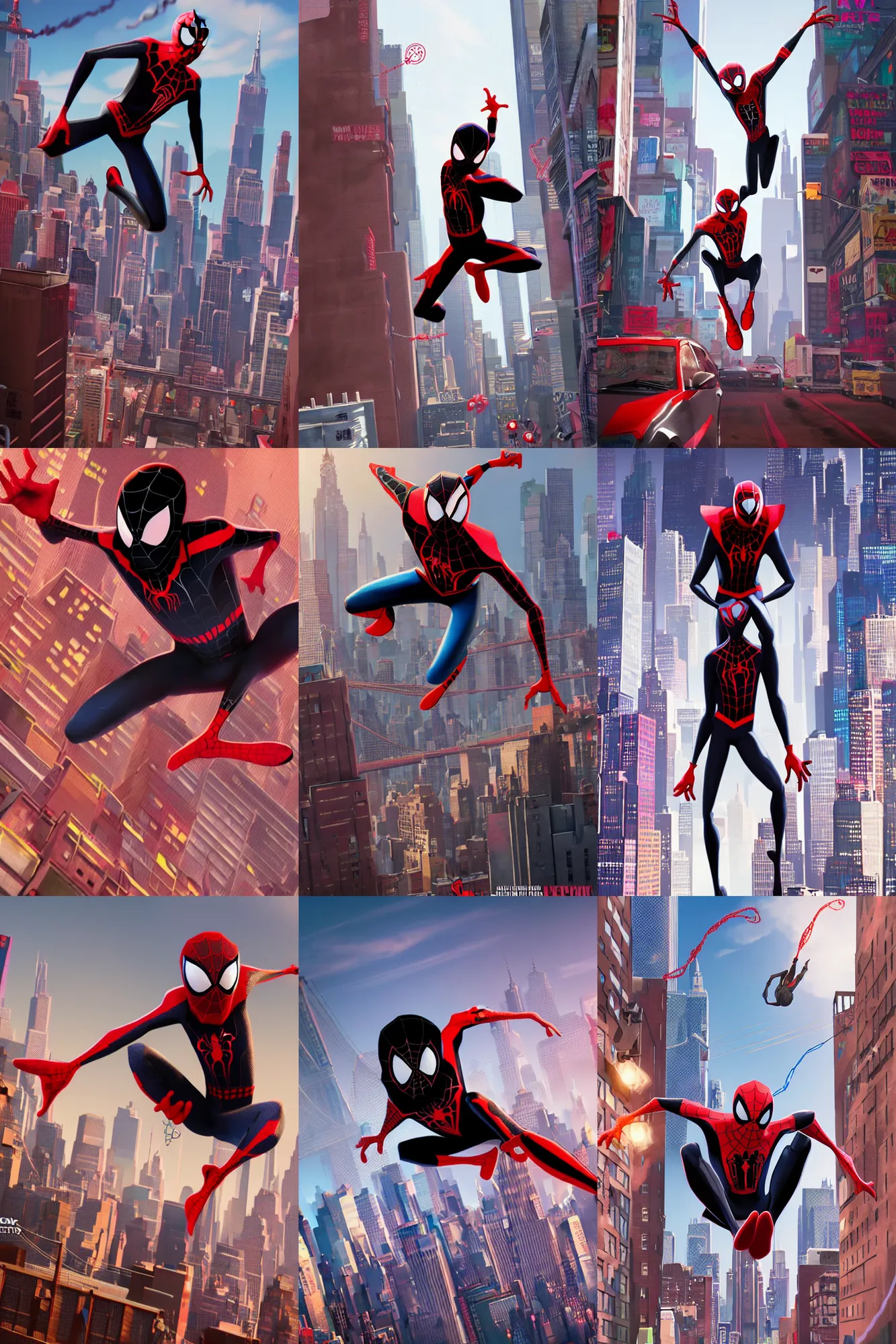 Prompt: exciting matte painting full body character portrait of miles morales spiderman from into the spiderverse swinging through brooklyn new york, black and red color scheme costume, miles morales!!!, into the spiderverse, spiderverse, 8 k, octane render, spiderman costume, in the style of sony pictures animation