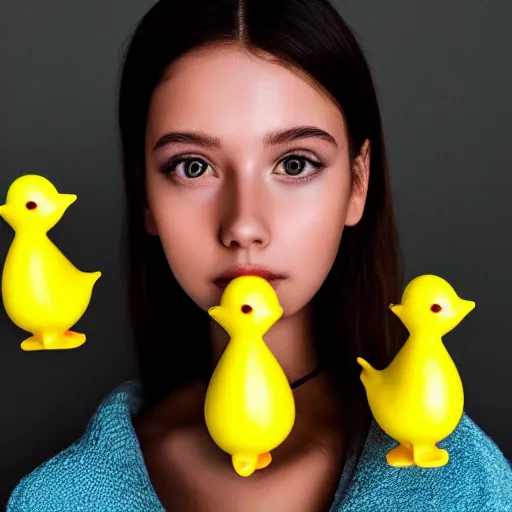 Prompt: a cute girl model, close up image, staring directly into camera, surrounded by yellow rubber ducks, photorealistic, hyper - detailed, studio lighting, shot on iphone 1 3 pro,