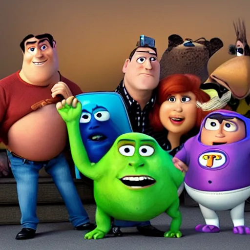 Prompt: a cast of pixar characters