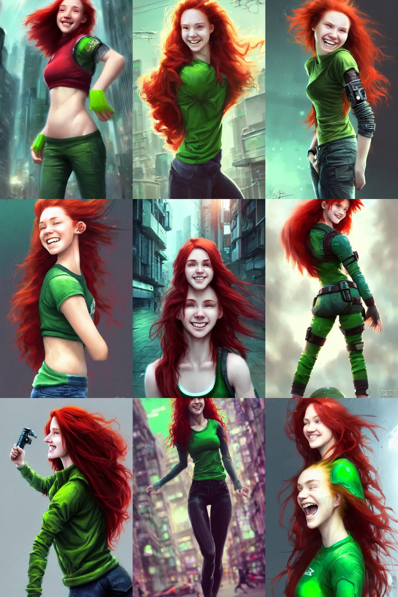 Prompt: beautiful cute athletic red haired eighteen year old young woman standing up, casual green clothing, long hair, cyberpunk city, cute smiling face, dynamic pose, rpg character, sci - fi, intricate, elegant, digital painting, artstation, concept art, smooth, 8 k frostbite 3 engine, ultra detailed, art by artgerm and greg rutkowski and magali villeneuve