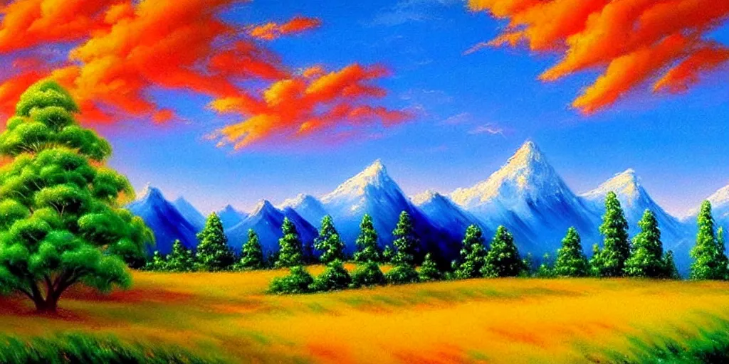 Image similar to a beautiful fantasy landscape art, orange clouds, blue sky and green trees, snowy mountains, art by bob ross