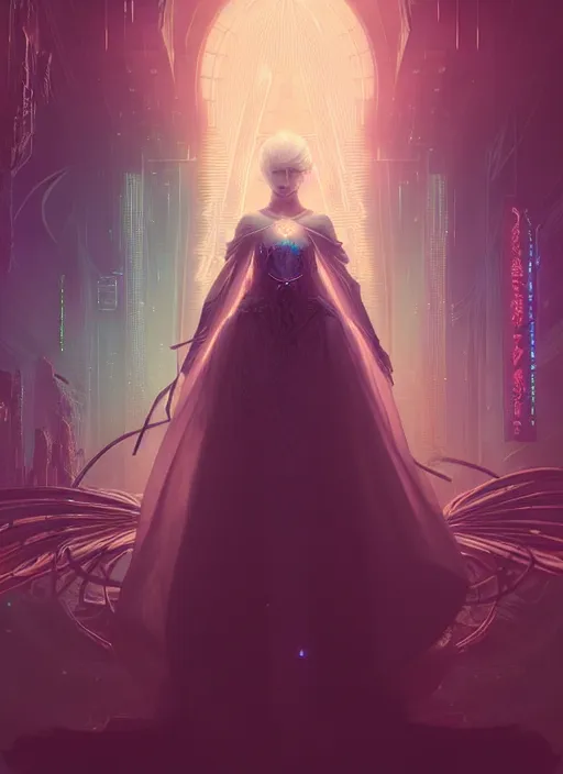 Image similar to a beautiful white haired princess, intricate concept art, ethereal, ominous, mysterious, enchanted, magic, dramatic lighting, illuminated lines, outrun, vaporware, illuminated rune symbols, cyberpunk darksynth, dark background, 8 k, by ruan jia and krenz cushart and alphonse mucha