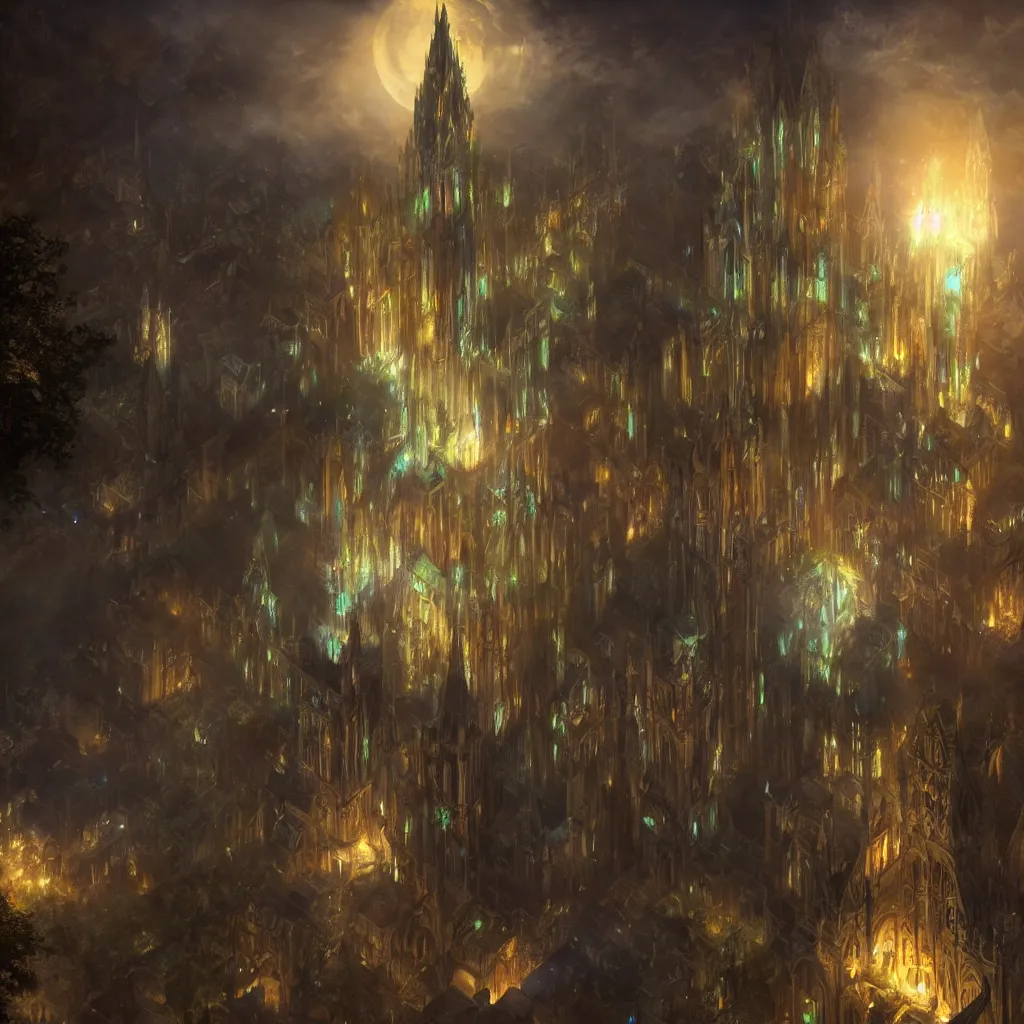 Prompt: huge towering magical university, extreme drama, distant glowing figures, hdr, movie still, fully photorealistic, artstation, beautiful concept art, sharp luminescent focus, nd 6, sony fx 6, glowing luminescent invocations