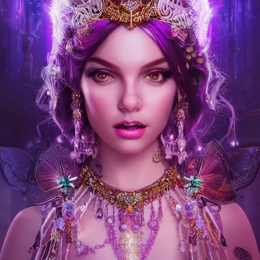 Image similar to portrait of princess of amethyst, glowing, ornate and intricate jewelry, jaw dropping beauty, glowing background lighting, white accent lighting, hyper detailed, fairy tale, 4 k octane render