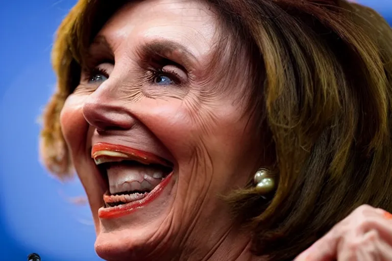 Image similar to Photograph of Nancy Pelosi smiling and eating a small child. Blood is everywhere.