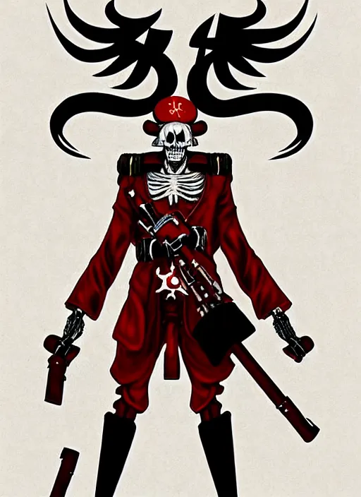 Image similar to shin megami tensei art of a demon that is a skeleton soviet!! soldier!! from 1 9 2 0 s wearing a budenovka!!! with a red star!!, art by kazuma kaneko, demonic! compedium!, law aligned, digital drawing, white background, very high quality, very highly detailed