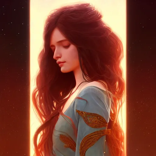 Image similar to girl with super long hair, hair becoming night stars, intricate, highly detailed, digital painting, artstation, concept art, smooth, sharp focus, illustration, unreal engine 5, 8 k, art by artgerm and greg rutkowski and alphonse mucha