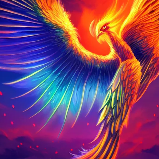 Prompt: artwork of a phoenix, highly detailed, artstation, rainbow colors, night sky background, smooth illustration, digital art, unreal engine