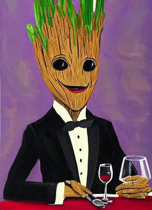 Image similar to painting of the groot as a gentleman wearing tuxedo drinking wine, vivid colors, masterpiece, artwork