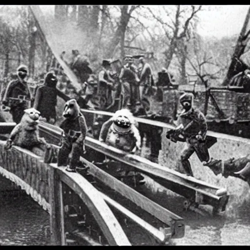 Prompt: old photo of muppets fighting on a bridge in world war 2