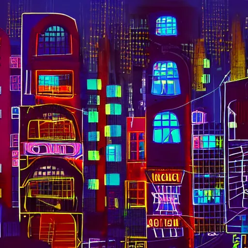 Image similar to abstract city street buildings fragments and neon signs floating, night, big moon