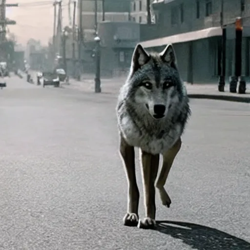 Prompt: a still of the lonely anthro gray Wolf walking a street, from Joker (2019), directed by Todd Philips