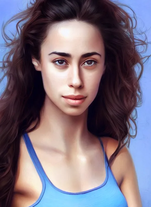 Prompt: full length photo of Oona Chaplin in a tanktop in the style of stefan kostic, light blue eyes, not realistic, sharp focus, 8k high definition, insanely detailed, intricate, elegant, art by stanley lau and artgerm