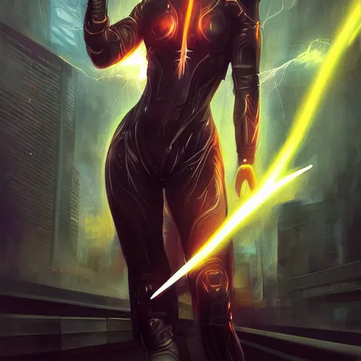 Prompt: a painting of a woman with a lightning bolt radiating from her temples, cyberpunk art by mark brooks, trending on deviantart, fantasy art, dystopian art, darksynth, quantum wavetracing
