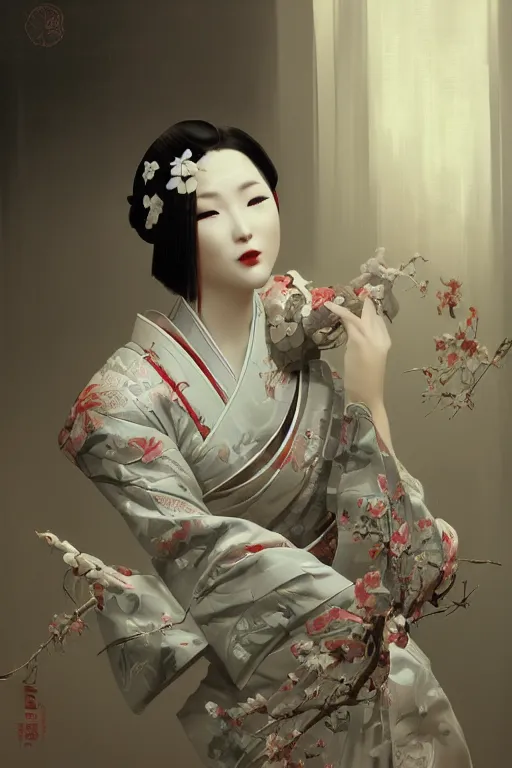 Prompt: the oriental female bionic artificial intelligence geisha in kimono is white, tender and beautiful. behind it is a japanese tatami room painted with a wave ukiyo screen, game character concept art, wide view, high detailed, craig mullins, peter mohrbacher, unreal engine, 8 k, dark beauty, trending on artstation