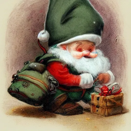 Prompt: a cute gnome wearing a santa outfit and backpack filled with coal + a mouse sits on the backpack + by jean baptiste monge