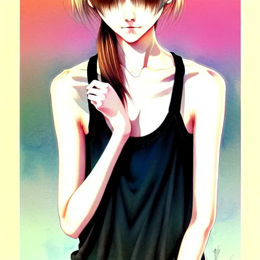 Image similar to richly detailed color  illustration of a dainty pretty young woman wearing a tank top, 'Southern Death Cult' is the theme, very soft shadowing, smooth textures, large scale image. art by Range Murata.