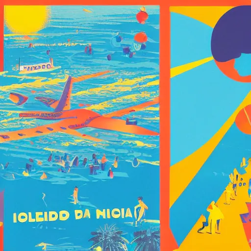 Prompt: a poster for a holiday in ibiza, where the island is flooded due to global warming, dystopian, a plane with happy people is visible, the sun is burning