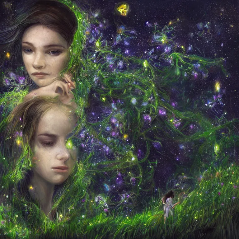 Prompt: a beautiful concept art portrait of a single woman with fireflies and stars in her hair, blooming green slopes and lianas in the background, pinguicula grandiflora, highly detailed, hdr, 8 k resolution, fantasy art, trending on instagram