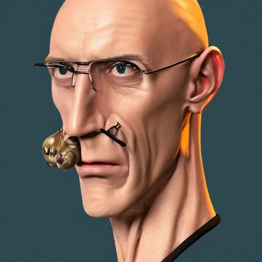 Image similar to A middle-aged Dr. Venture in real life with a hooked nose, a long gaunt face and skinny body and neck, very thin and bald, realistic, very realistic, hyperrealistic, highly detailed, very detailed, extremely detailed, detailed, digital art, oil painting, trending on artstation, headshot and bodyshot, detailed face, very detailed face, extremely detailed face, HD Quality, 8k resolution, very very detailed face, real life