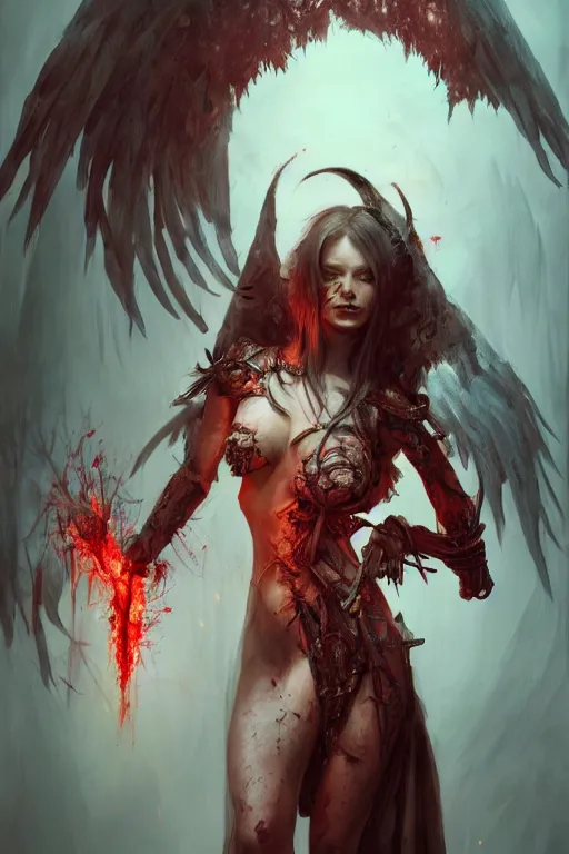 Prompt: beautiful girl necromancer, witch - doctor covered in blood, fallen angel, diablo, 3 d render, hyper - realistic detailed portrait, holding fire and electricity, ruan jia, wlop. scifi, fantasy, magic the gathering, hyper detailed, octane render, concept art, peter mohrbacher