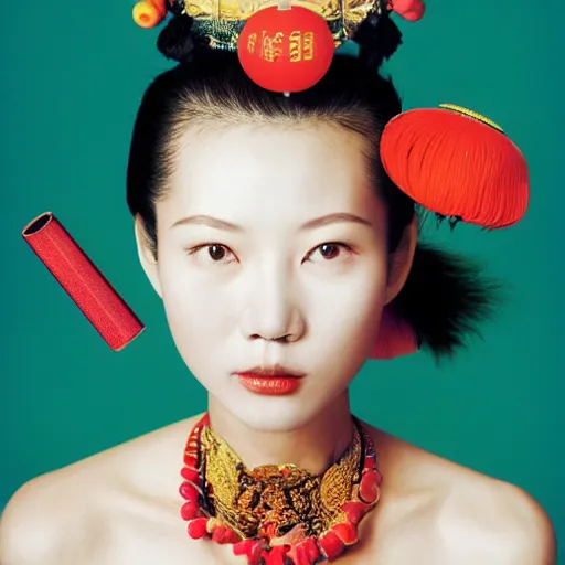 Prompt: photo of chinese beauty by Martin Schoeller by Terry Richardson by Mark Mann by Richard Avedon, magazine cover, colorful, sharpen, 4k, 85mm, award winning