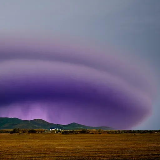 Image similar to a tornado colored purple in the distant landscape