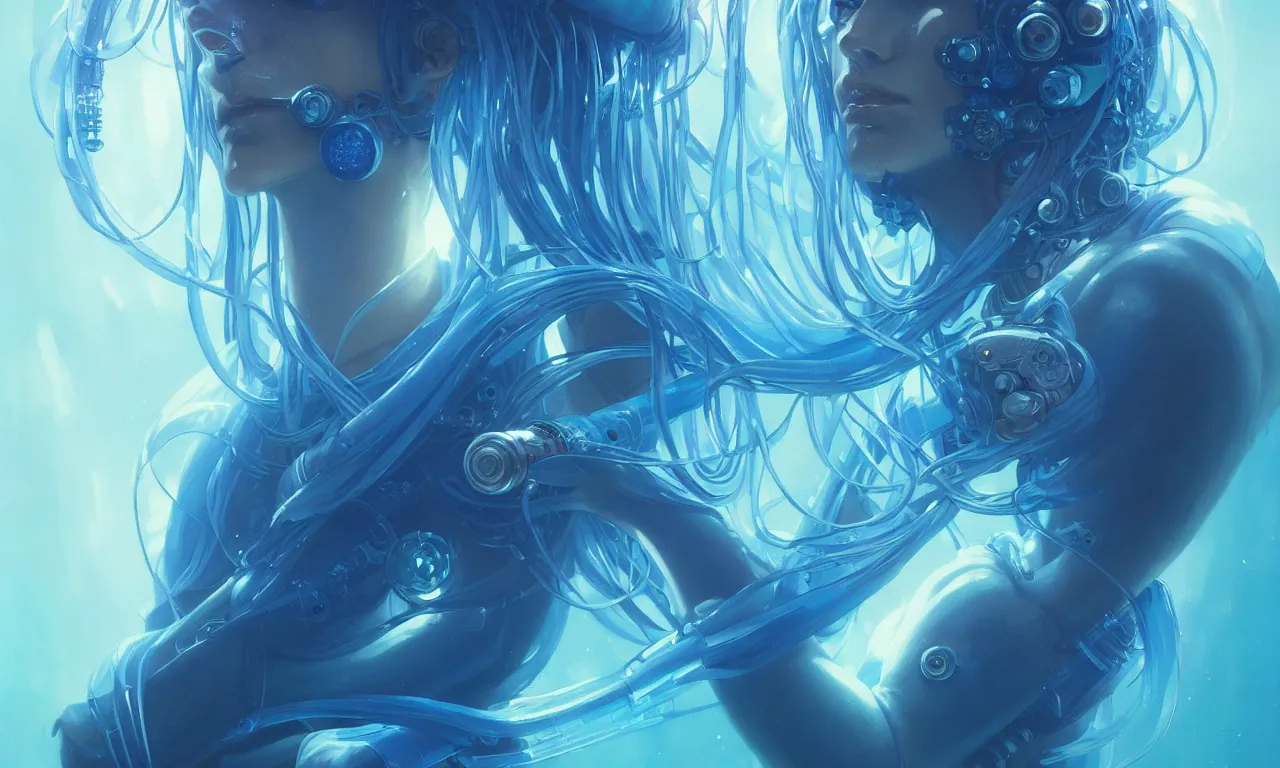 Image similar to Smal cyberpunk jellyfish, blue tones, underwater, 360, highly detailed, digital painting, artstation, concept art, smooth, sharp focus, illustration, art by artgerm and greg rutkowski and alphonse mucha