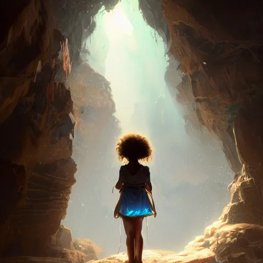 Prompt: a brown skinned little girl with mid curly white hair, looking at blue liminescent hieroglyphics inside a dark cave alone by greg rutkowski, artstation, hyperdetailed, dramatic, epic painting, cgsociety, sharpness, 8 k, golden ratio