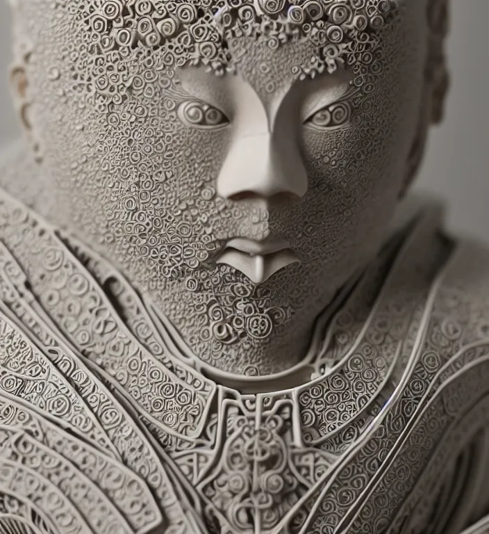 Image similar to Japanese architecture , A Close up photo-real delicate ceramic porcelain sculpture of a symmetrical ornate detailed in front of an intricate background by Victo Ngai and takato yamamoto, micro detail, backlit lighting, face in focus, subsurface scattering, translucent, thin porcelain, octane renderer, colorful, physically based rendering, japanese pottery, trending on cgsociety