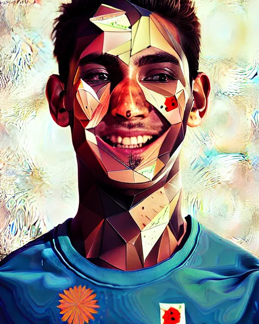 Prompt: digital art of smiling boy, shards of time, face portrait, centered portrait, illustration, highly detailed, simple, no jagged lines, smooth, artstation, artwork by obey, artwork by sandra chevrier