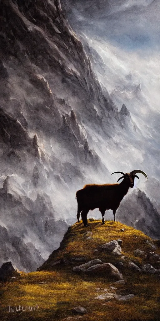 Image similar to a surreal painting of a goat in alpine mountains, photorealistic, cinematic, dramatic, vivid, dark and beautiful, higly, civilized, cinematic lighting