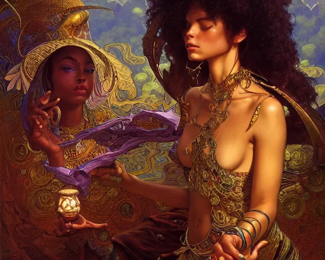 Image similar to photography of mati klarwein, deep focus, d & d, fantasy, intricate, elegant, highly detailed, digital painting, artstation, concept art, matte, sharp focus, illustration, hearthstone, art by artgerm and greg rutkowski and alphonse mucha