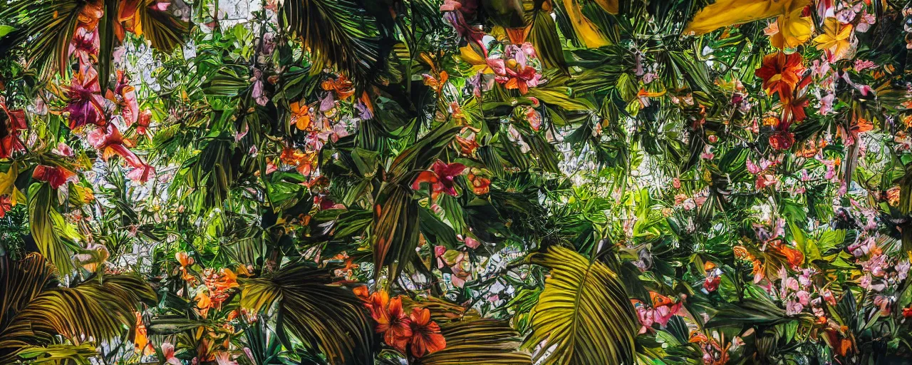 Prompt: a highly detailed oil photo of Tropical Flowers, a view from ground level: elegant, ornate, daytime. this is a beautifully lit scene, fine art photography