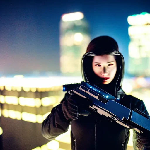 Image similar to cinestill 5 0 d candid photographic portrait of a techwear woman holding a gun on the rooftop of a futuristic city at night, closeup, modern cyberpunk moody emotional cinematic, clear skies, 8 k, hd, high resolution, 3 5 mm, f / 3 2, ultra realistic faces, ex machina