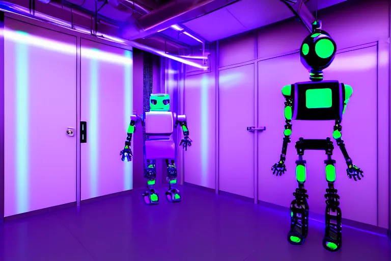 Image similar to full body robot picture, background is data server room, neon and dark, purple and blue color scheme, by dan mumford, global illumination ray tracing hdr render in unreal engine 5