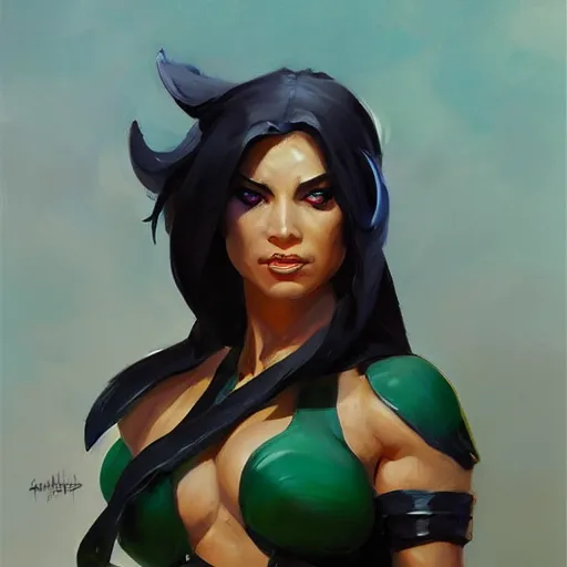 Image similar to greg manchess portrait painting of jade from mortal kombat as overwatch character, medium shot, asymmetrical, profile picture, organic painting, sunny day, matte painting, bold shapes, hard edges, street art, trending on artstation, by huang guangjian and gil elvgren and sachin teng