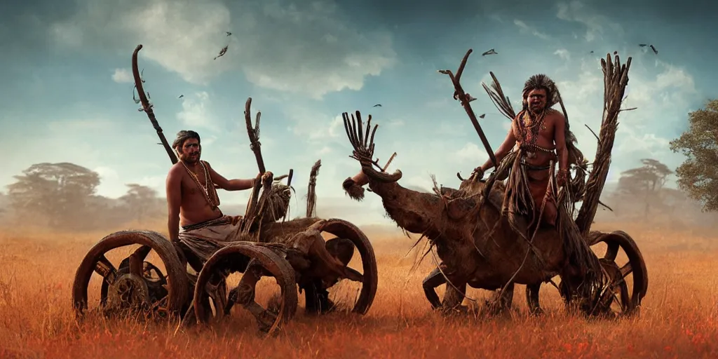 Image similar to photorealistic photo of an ancient indian tribesman on ancient atv with big wooden wheels, hunting panicked buffalo herd ,attacking, wild chase, action scene, an epic fantasy, dramatic lighting, cinematic, establishing shot, extremely high detail, photorealistic, cinematic lighting, artstation, octane render, by simon stalenhag, horizon forbidden west,old photo, high speed photography, vintage, extreme sports