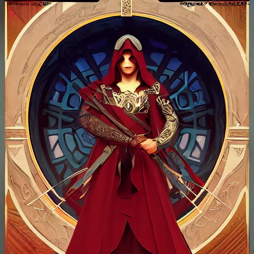 Image similar to an ultra detailed vector image of solare of astora dressed as ezio auditore, concept art by alphonse mucha and greg rutkowski, praise the blood moon, octane render, liminal space