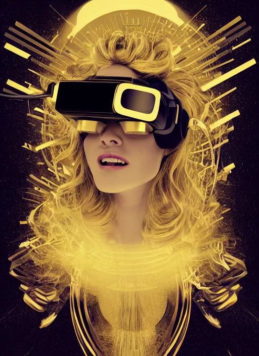 Prompt: graphic portrait of goddess wearing vintage vr glasses, cords and wires, big golden jewellery, heavenly, golden dress, filigree, black paper, hokusai, golden ink baroque, renaissance, symmetrical, sci - fi, retro futurism, octane render, cinematic light, rule of thirds, dramatic shadows, highly detailes