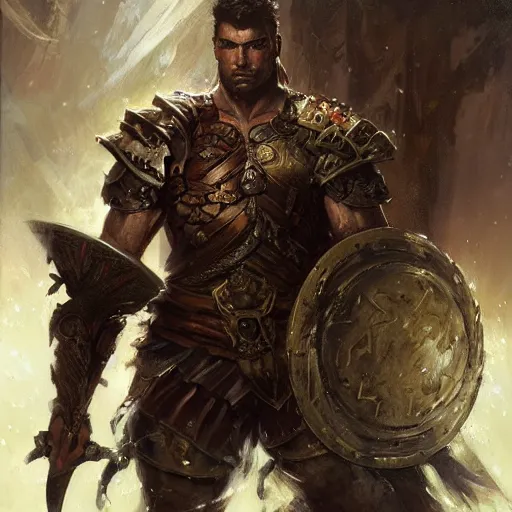 Prompt: a fierce and muscular male warrior in full armor, handsome, fantasy character portrait by greg rutkowski, gaston bussiere, craig mullins, simon bisley