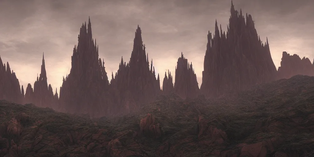 Prompt: dramatic render of a cathedral, gothic architecture, tall spires, top of a red rock canyon, vultures, 24mm angle, concept art by studio ghibli and eddie mendoza, atmospheric, moody, dark, cinematic, volumetric lighting, 8K