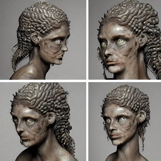 Image similar to photo taken of an epic intricate, ultra detailed, super realistic gritty, terrifying, lifelike bust sculpture of a enchanting siren creature design created by weta workshop, zoomed in shots, photorealistic, sharp focus, white wall coloured workshop, cold colour temperture, f 0. 4, face centred