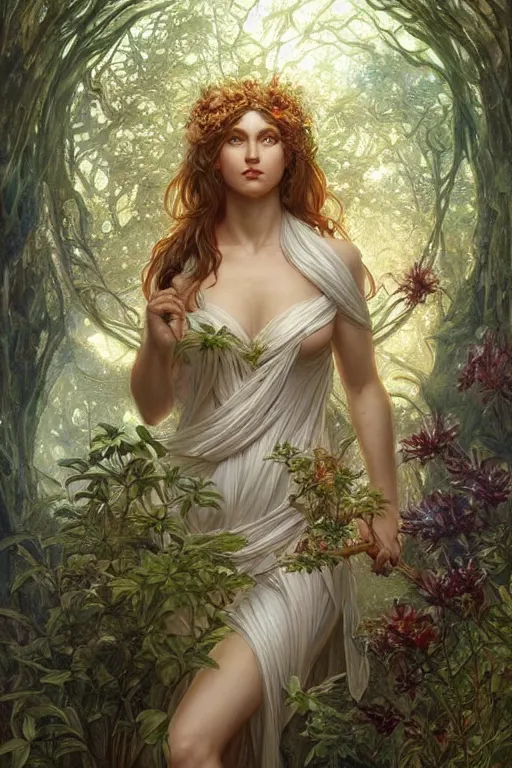 Image similar to beautiful cottagecore aphrodite goddess!!, intricate, magical forest, stunning, highly detailed, digital painting, artstation, concept art, smooth, sharp, focus, illustration, art by artgerm and greg rutkowski and alphonse mucha