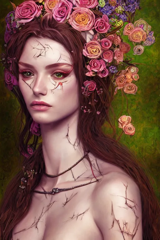 Image similar to portrait of beautiful young mainem, warhammer, cyber style, a lot of more scars, more and more flowers, the middle ages, highly detailed, artstation, illustration, artgerm sylvari portrait, 8 k quality, art by gustav klimt